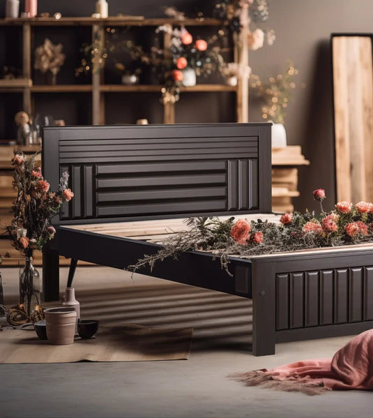 image of Rub-le Furniture's Essential Bed Series with so many flowers around
