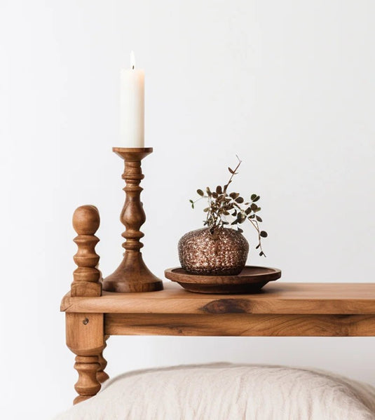 image of Mango tree wood candle holder in a wooden stand