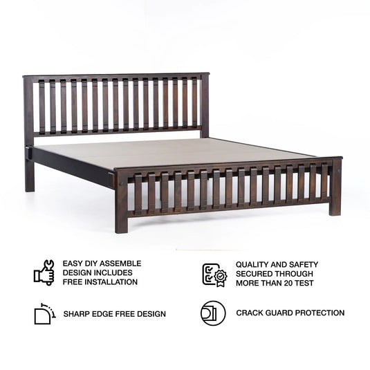 sde view of haven oak bed frame with features written in the image as points
