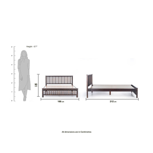 2 images of the haven oak bed frame with dimensional details by adding a lady image