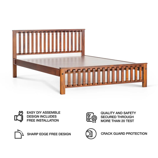 side image of haven teak bed frame and some features of the bed written on it