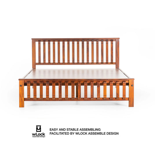 front view of haven teak bed frame with one feature written on image