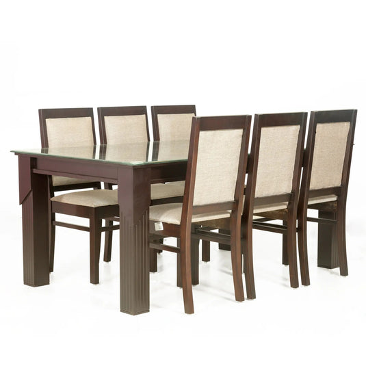 6 seater dining table with glass top and wooden base