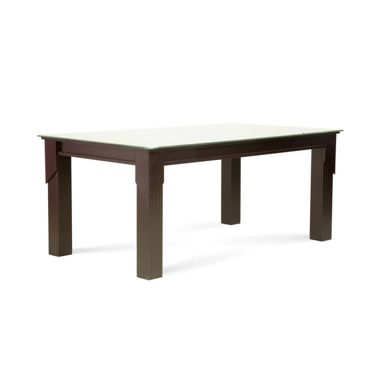 brown color dining table with glass top and wooden base