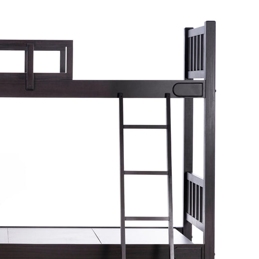 part of brown color solid single wooden bunk bed with two bed