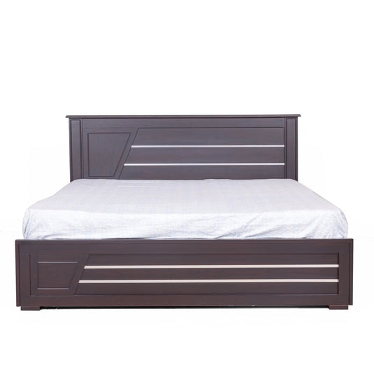 a brown color bed frame with white mattress in the bedroom furniture set