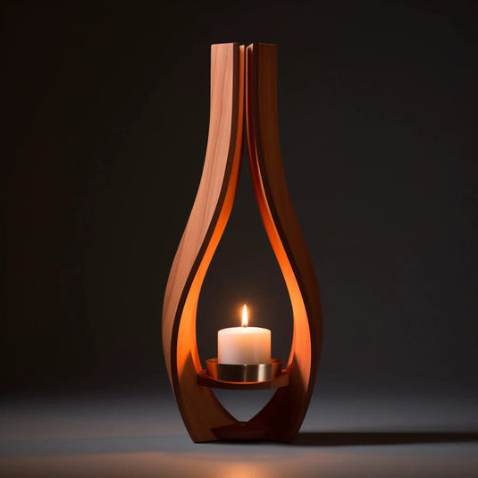 A Luxury wooden candle stand  with a candle on it.