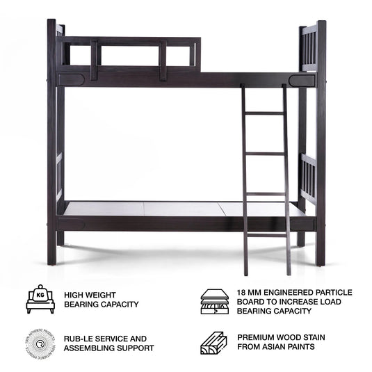 side view of brown color solid single wooden bunk bed with two bed